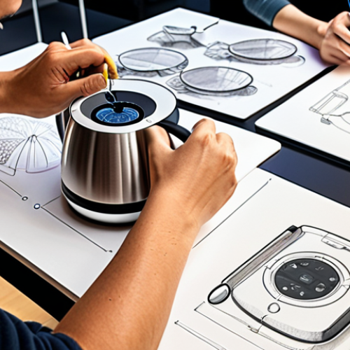 Home 11 **
"A product design workshop scene. Focus on a redesigned water kettle with an ergonomic handle, precise temperature display, and automatic shut-off. Participants are engaged, sketching and discussing design improvements. The atmosphere is collaborative and innovative. Bright, modern setting. Include design sketches and material samples on the table."
**