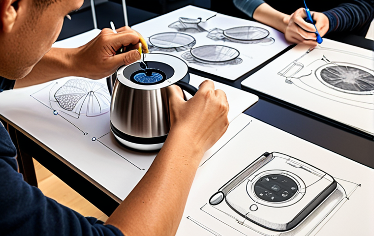 **
"A product design workshop scene. Focus on a redesigned water kettle with an ergonomic handle, precise temperature display, and automatic shut-off. Participants are engaged, sketching and discussing design improvements. The atmosphere is collaborative and innovative. Bright, modern setting. Include design sketches and material samples on the table."
**