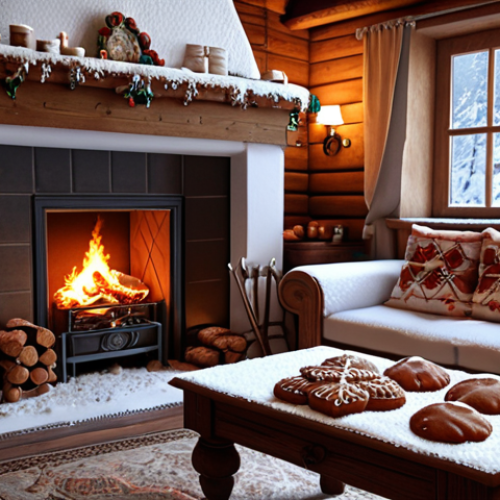 Home 6 **Cozy Bavarian living room, warm fireplace, traditional furniture, Lebkuchen, snow falling outside the window, winter scene, realistic.**
