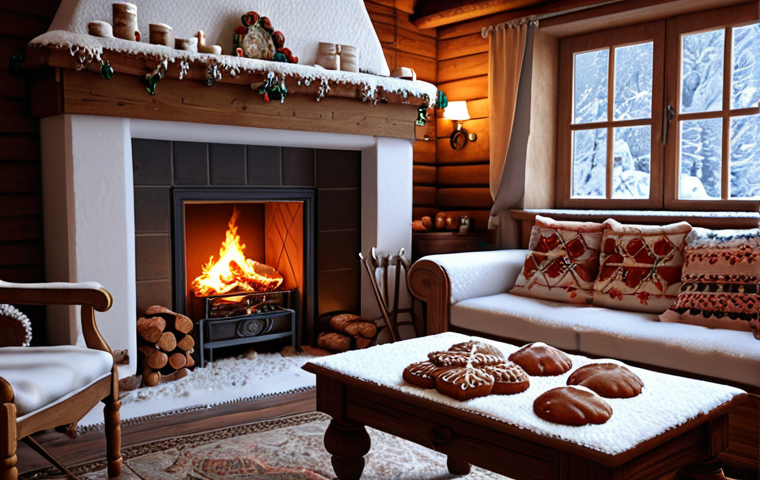 **Cozy Bavarian living room, warm fireplace, traditional furniture, Lebkuchen, snow falling outside the window, winter scene, realistic.**