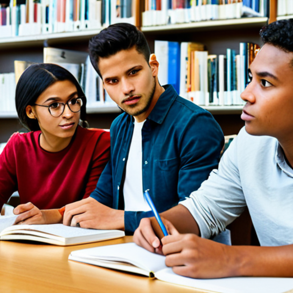 Diverse Study Group in a Library**

"A diverse group of 5 students, fully clothed in casual but professional-looking attire, studying together at a large table in a brightly lit library. One student is explaining a concept, another is taking notes, and the others are listening attentively. Books and laptops are scattered on the table. Safe for work, appropriate content, perfect anatomy, natural proportions, well-formed hands, proper finger count, professional learning environment, high quality."

**
