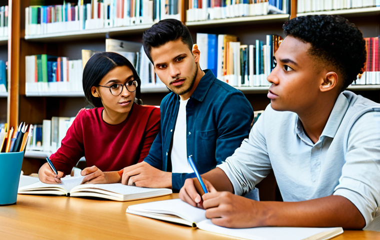 Diverse Study Group in a Library**

"A diverse group of 5 students, fully clothed in casual but professional-looking attire, studying together at a large table in a brightly lit library. One student is explaining a concept, another is taking notes, and the others are listening attentively. Books and laptops are scattered on the table. Safe for work, appropriate content, perfect anatomy, natural proportions, well-formed hands, proper finger count, professional learning environment, high quality."

**