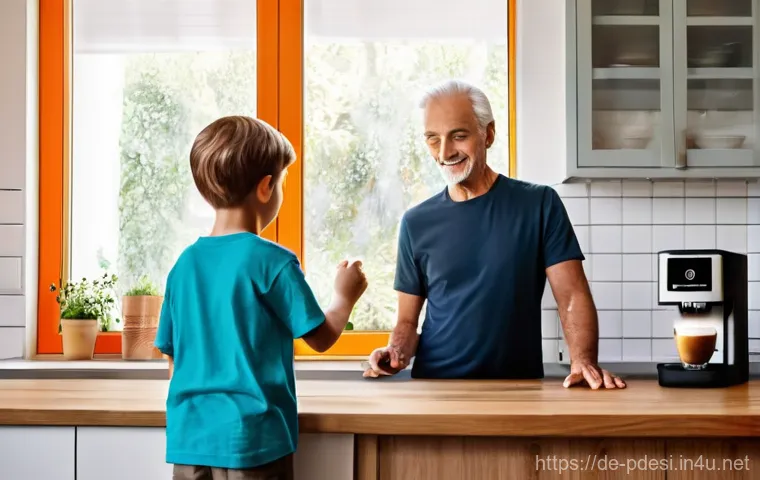 제품디자인 업무 중 겪은 실제 사례 - **A candid shot capturing the vibrant, slightly chaotic morning rush in a modern German family kitch...