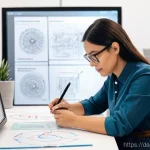 제품디자인 포트폴리오와 자기소개서 연계법 - **Prompt:** A modern product designer, a woman in her early thirties, with a focused expression. She...