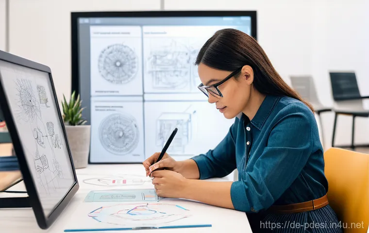 제품디자인 포트폴리오와 자기소개서 연계법 - **Prompt:** A modern product designer, a woman in her early thirties, with a focused expression. She...