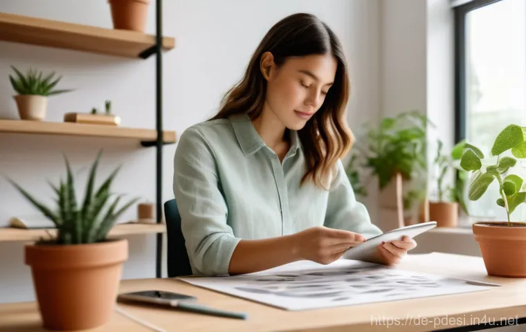 제품디자인 전문 블로그 운영 팁 - **Prompt 1: Sustainable Product Design Focus**
    A focused female product designer, in her late 20...