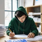 제품디자인 실기 시험에서 주의할 점 - **Prompt 1: The Design Student's Creative Process**
    A young, focused design student, appearing g...