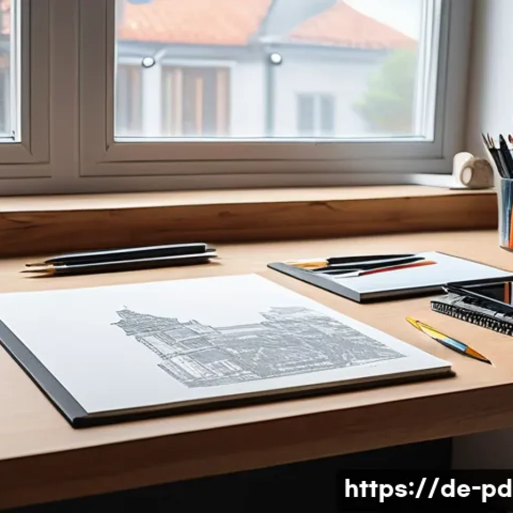 제품디자인 실기 시험 준비 과정에서의 도구 활용법 - A modern product designer’s workspace in a bright, organized studio in Germany, featuring a large wo...