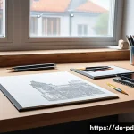 제품디자인 실기 시험 준비 과정에서의 도구 활용법 - A modern product designer’s workspace in a bright, organized studio in Germany, featuring a large wo...