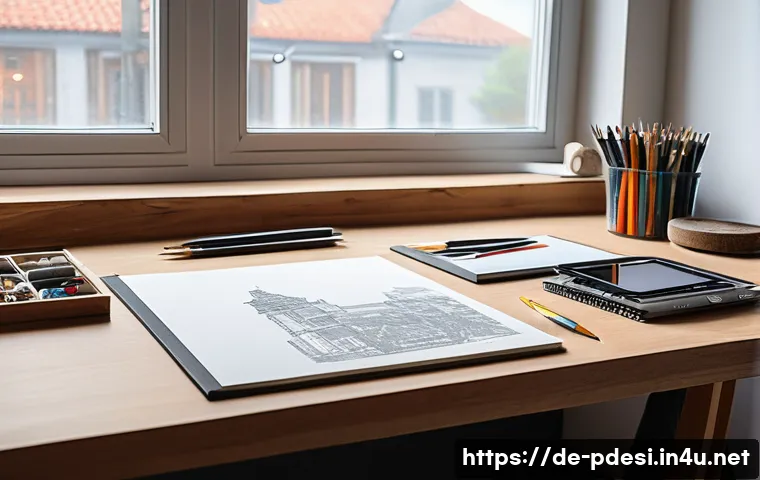 제품디자인 실기 시험 준비 과정에서의 도구 활용법 - A modern product designer’s workspace in a bright, organized studio in Germany, featuring a large wo...