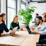 Home 23 제품디자인 경력자의 인터뷰 내용 분석 - A modern product design team in a bright, spacious German office collaborating around a large wooden...